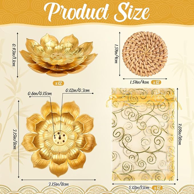36 Pack Lotus Incense Holder, Incense Stick Holder Gold Three-Layer Design with Organza Bags & Heat Insulation Pad, Incense Burner Ash Catcher for Home Yoga SPA Fragrance Decor Bedroom