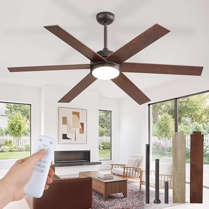 Fanbulous 58 Inch Ceiling Fans with Lights and Remote, Walnut Indoor/Outdoor Ceiling Fan with Quiet Reversible DC Motor, 6 Speeds, 3CCT, 8 Blades Large Ceiling Fan for Living Room Bedroom Patio