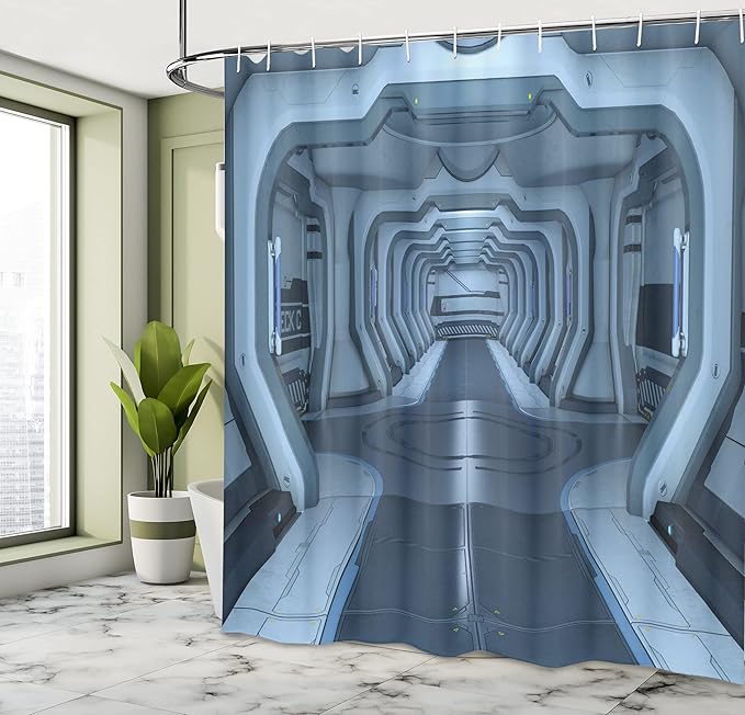 Ambesonne Outer Space Shower Curtain, Inside of Space Station Control Room Passage Communication Technology Base, Cloth Fabric Bathroom Decor Set with Hooks, 69" W x 70" L, White Grey