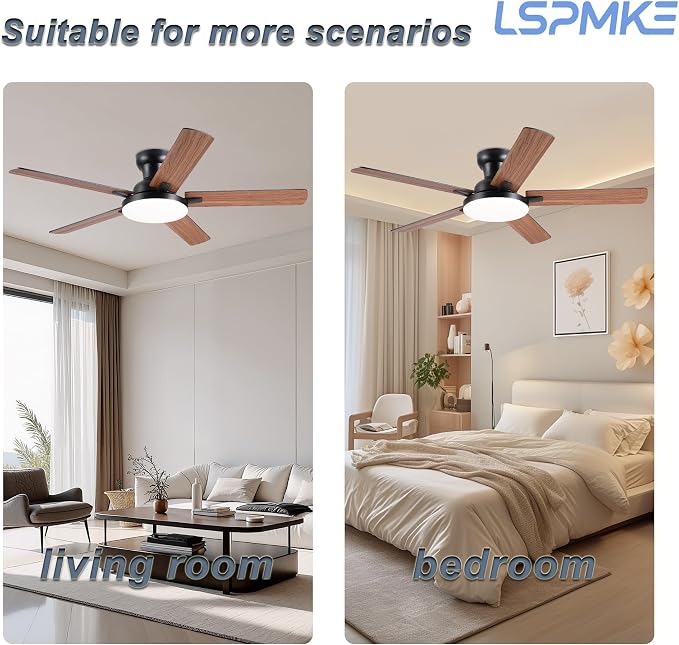 Flush Mount Ceiling Fans with Lights, 52" Ceiling fan with Remote Control, Low Profile Ceiling Fan with 3CCT, Dimmable, Noiseless DC Motor, Modern Fan Light Fixture for Bedroom, Kitchen, Brown