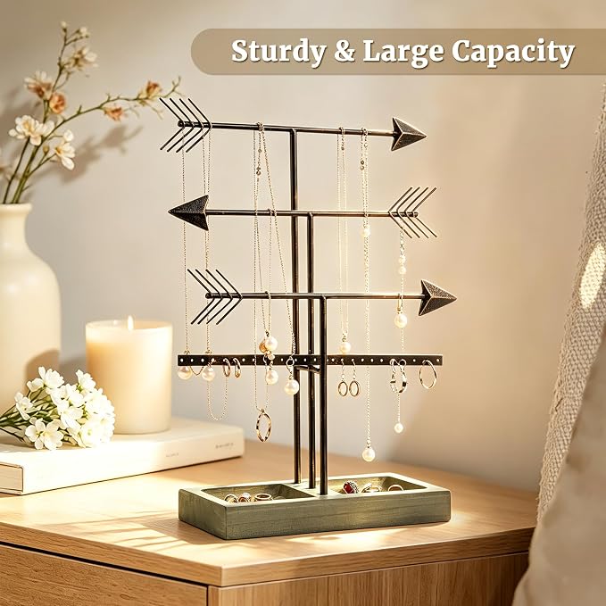 Urban Deco Arrow Jewelry Organizer Stand 4-Tier Black Jewelry Stand Necklace Organizer With Wooden Ring Holder For Jewelry Display Bracelet Holder Stand Earring Organizer For Girls - Black