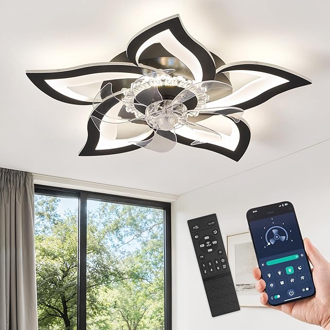 LEDIARY Flower Ceiling Fans with Lights, Black Small Modern Low Profile Ceiling Fan, Dimmable LED Ceiling Light Fixture, Flush Mount Ceiling Fans with Remote for Bedroom, Kitchen, Indoor-27 Inch