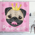 Ambesonne Feminine Shower Curtain, Happy Smiling Cartoon and Pug Dog with Tiara Pink Hearts on Background, Cloth Fabric Bathroom Decor Set with Hooks, 69" W x 70" L, Yellow Black and Pink