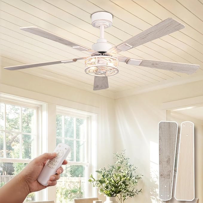 52 Inch Ceiling Fans with Lights and Remote, Modern 6 Speeds Bladeless Caged Flush Mount Ceiling Fan for Living Room Bedroomm, E12 Base, Quiet and Reversible DC Motor, White