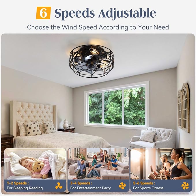 Black Caged Ceiling Fans with Lights and Remote,6 Speeds,12 inch Industrial Flush Mount Ceiling Fan with Light，Modern Bladeless Fan Lights Ceiling Fixtures for Kitchen, Bedroom,Indoor