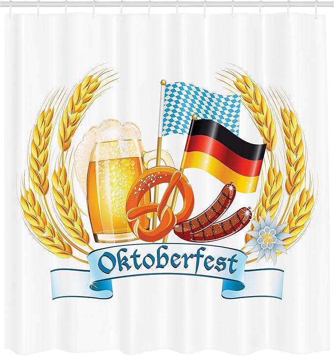Ambesonne Oktoberfest Shower Curtain, Oktoberfest Celebration Design with Sausage Drink Flags Wheat Stems Banner, Cloth Fabric Bathroom Decor Set with Hooks, 69" W x 75" L, Yellow Blue