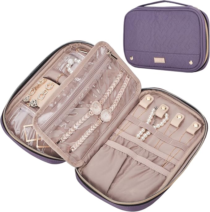 NISHEL Travel Jewelry Case Organizer, Tangle-Free Necklace Storage Bag | Stores rings, earrings, bracelets and watches in a compact case for travel, vacations and daily use, Purple, Medium