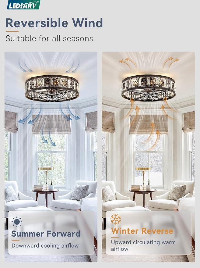 LEDIARY 20" Caged Ceiling Fans with Lights,Flush Mount Vintage Victorian Rustic Crystal Fandelier,Low Profile Farmhouse Enclosed Ceiling Fan with Light and Remote for Bedroom,Kitchen,Indoor,Black Gold