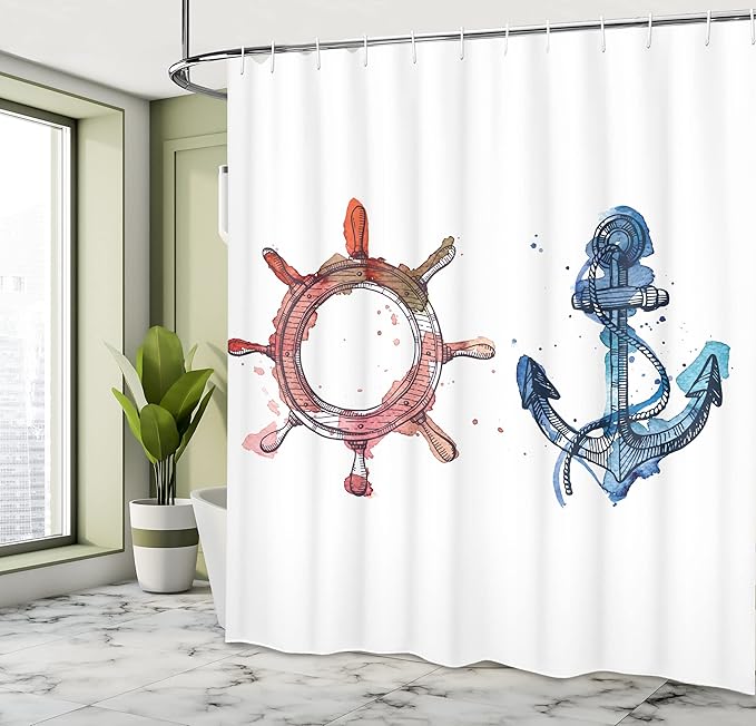 Ambesonne Nautical Shower Curtain, Illustration of an Anchor and Steering Wheel Watercolors Splashes Ink Brush Effects, Cloth Fabric Bathroom Decor Set with Hooks, 69" W x 70" L, Pink Blue