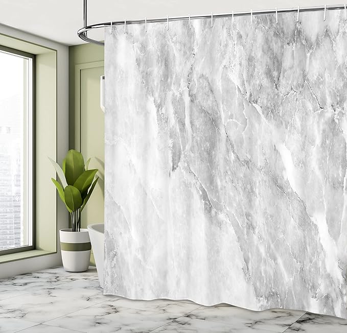 Ambesonne Marble Shower Curtain, Retro Marble Pattern with Blurry Color Contrasts Formless and Abstract Wavy Display, Cloth Fabric Bathroom Decor Set with Hooks, 69" W x 70" L, White Grey