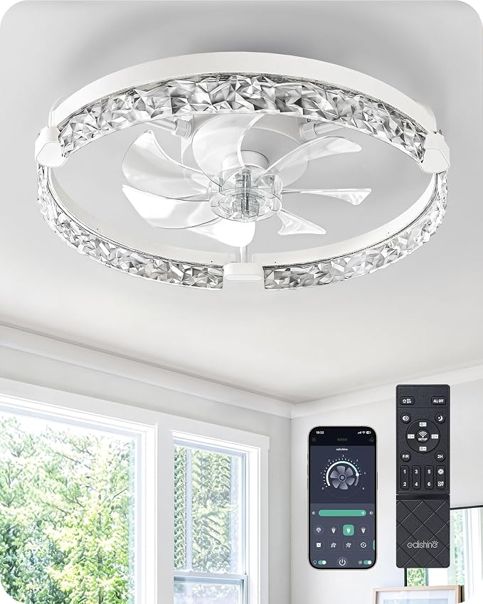 EDISHINE 20'' Ceiling Fans with Lights and Remote, Low Profile Flush Mount Fandelier, 3000-6000K Dimmable, 6 Speeds, DC Motor, LED Modern Bladeless Fan Light for Bedroom, Living Room, White