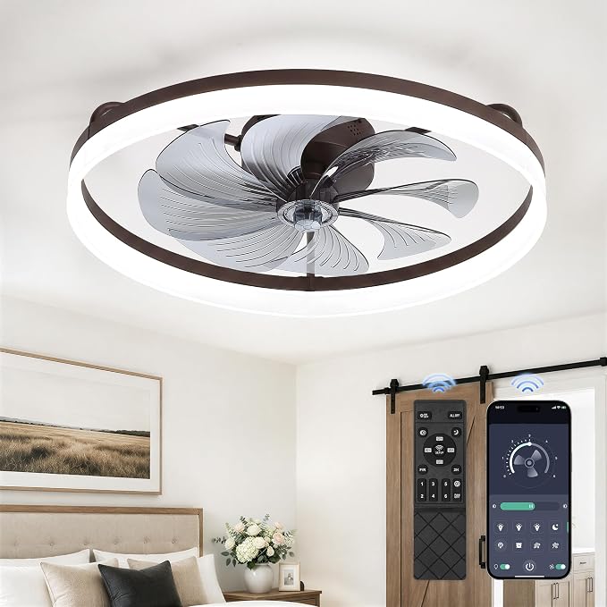 LEDIARY Ceiling Fans with Lights, 23 inch Low Profile Flush Mount Ceiling Fan, Dimmable LED, APP & Remote Control, Quiet Reversible DC Motor, 6 Speeds, Fandelier for Bedroom, Brown