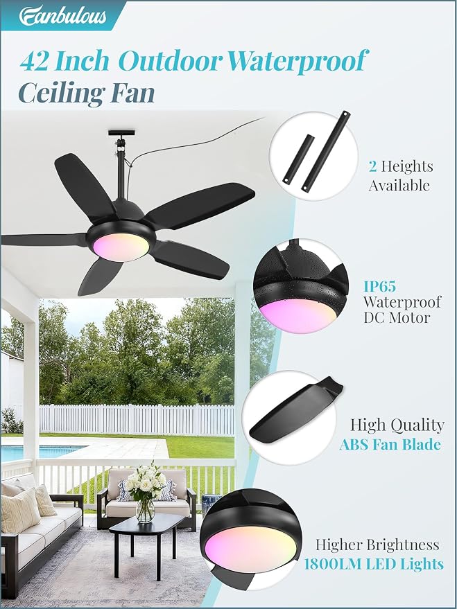 Fanbulous 42" Waterproof Outdoor Ceiling Fan with Light for patio,RGB Black | IP65 Wet Rated, 3CCT Dimmable Light,Remote Control,6-Speed DC Motor, Plug-in Cord, Hanging Hook for Gazebo, Porch, Pergola.