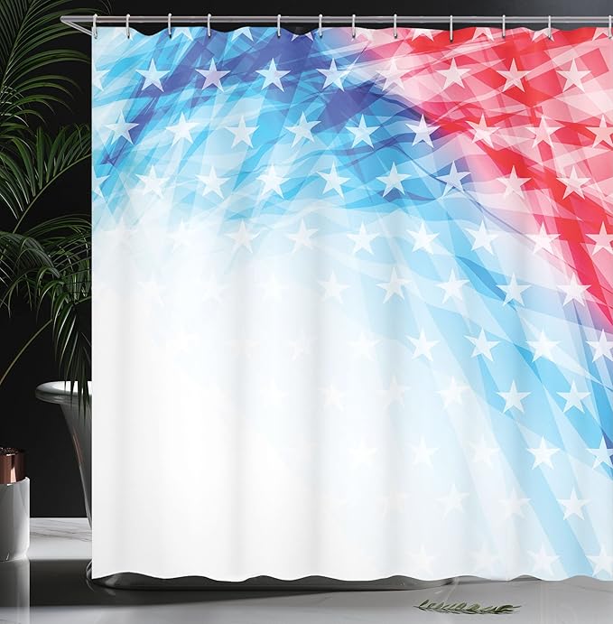 Ambesonne American Shower Curtain, United States of America National Flag Sketch with State Stars White Stripe Theme, Cloth Fabric Bathroom Decor Set with Hooks, 69" W x 70" L, Blue Red