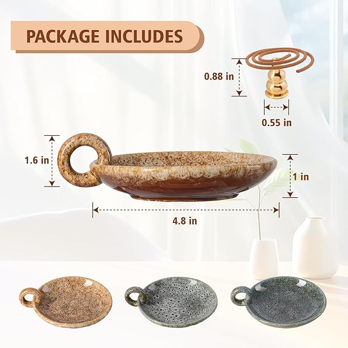 Ceramic Candle Holders with Handle, Palo Santo Holder for Burning, Vintage Farmhouse Smudge Incense Stick Bowl, Sage Burner Tray, Ash Catcher Plate for Meditation Room Home Decor (Khaki)