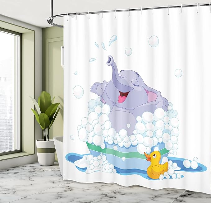 Ambesonne Cartoon Shower Curtain, Takes Bubble Bath in Basin with Duck Water Games Wild Animals Theme Print, Cloth Fabric Bathroom Decor Set with Hooks, 69" W x 75" L, Multicolor