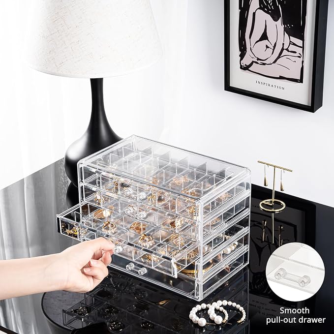 ProCase Acrylic Earrings Holder Organizer Box -Clear, 5 Layers | 79 Jewelry Storage Grid Large Clear Compartments Transparent Stackable Drawers Jewelry Display for Earring Ring Bracelet