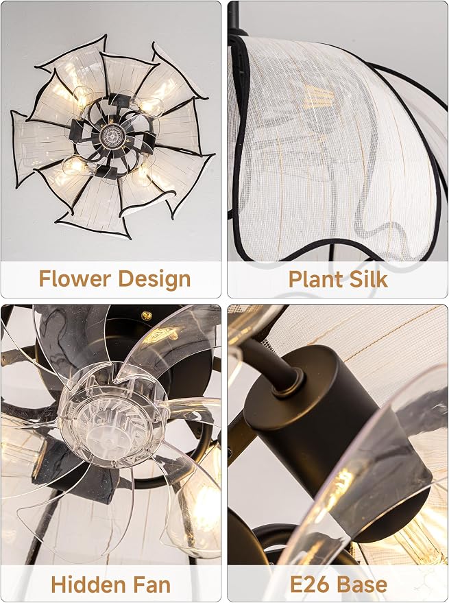 26" Flower Ceiling Fans with Lights and Remote Control,Boho Black Chandelier Fan with 6 Speeds, Modern Fandelier for Kitchen Island,Dining Room,Living Room,Nursery