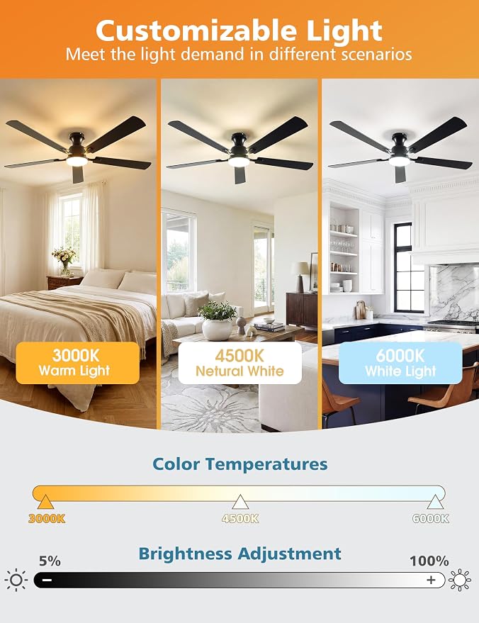 VOLISUN 60 Inch Ceiling Fan with Lights Flush Mount, Low Profile Ceiling Fans with Lights, Remote&APP Control,Dimmable 22W LED Light,Queit&Reversible Fan, Black Ceilings Fans for Bedroom, Living Room