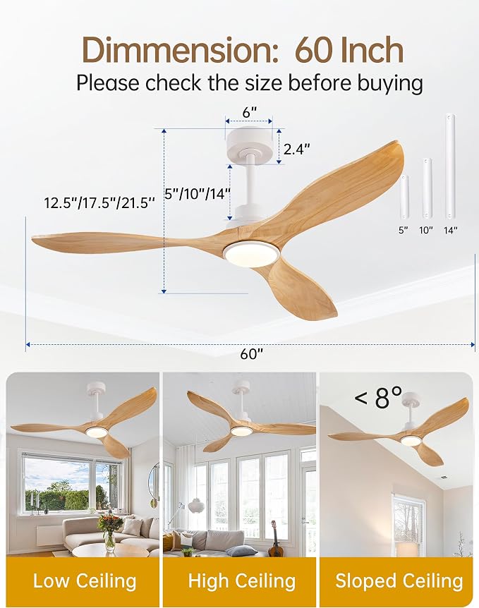 60 Inch Outdoor Solid Wood Ceiling Fans with Lights and Remote,3 Blade Natural Wood Ceiling Fan with Wall Control,Dimmable,3 Downrods, Quiet DC Motor for Bedroom,Patios,Living Room