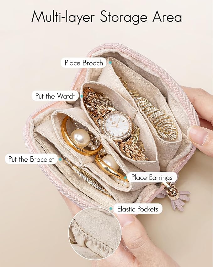 VLANDO Small Jewelry Travel Case,Jewelry Pouch Bags with Zipper,Velvet Jewelry Organizer Storage Bag for Bracelet Rings Earring Travel Essentials Gifts for Women Girl-Pearl Pink