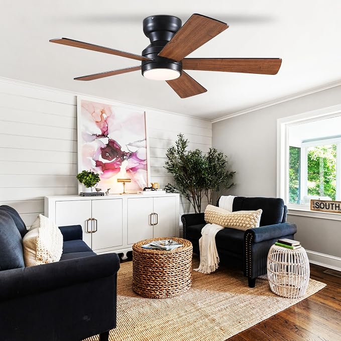 BYKISTOK Ceiling Fans with Lights Flush Mount - 46in Low Profile Ceiling Fan Remote Control with 5 Dual-Sided Blades, Reversible 6 Speeds, Dimming & 2H Timing, Indoor Fan Light for Bedroom, Kitchen