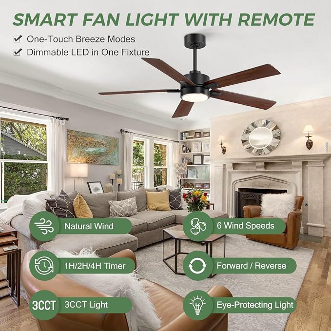 Ceiling Fans with LED Lights, 52 Inch 5-Blade Ceiling Fan Remote Control, Industrial Ceiling Fan with Reversible DC Motor, Downrod Mount LED Ceiling Light Chandelier for Bedroom (Black & Walnut)