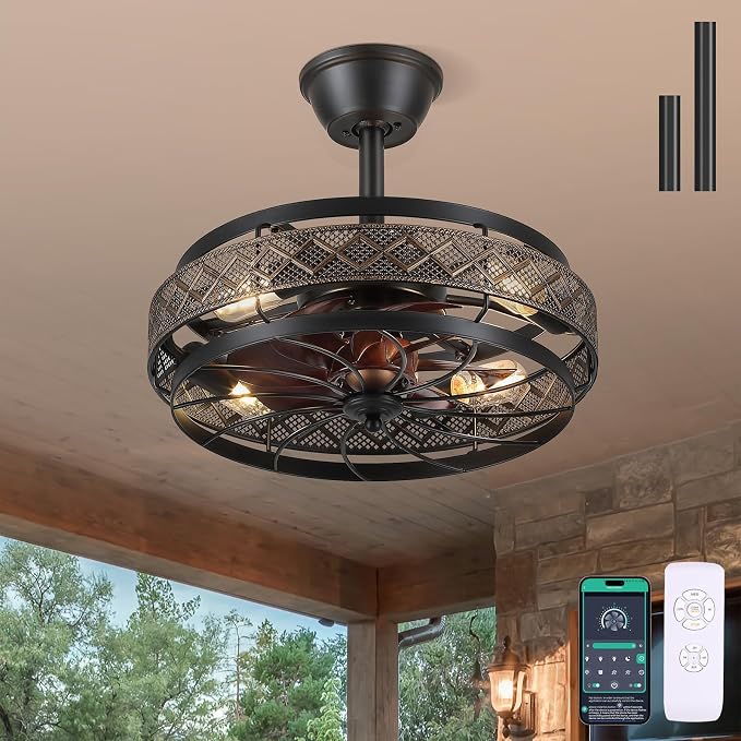 SHIHOT 18" Small Black Industrial Caged Ceiling Fans with Lights and Remote | Safe Caged-Design,Supports Both Remote Control and APP,6 Wind Speeds, Reversible, Quiet DC Motor,Suits for Bedroom Kidsroom