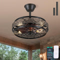 SHIHOT 18" Small Black Industrial Caged Ceiling Fans with Lights and Remote | Safe Caged-Design,Supports Both Remote Control and APP,6 Wind Speeds, Reversible, Quiet DC Motor,Suits for Bedroom Kidsroom