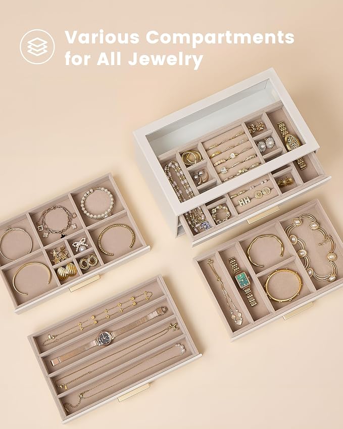 Lolalet Jewelry Box Organizer, 4-Layer Jewelry Organizers and Storage Case with Glass Lid, Ring Earring Bracelet Necklace Holder Organizer, Birthday Valentine Gifts for Women Girls -4Layer, Beige