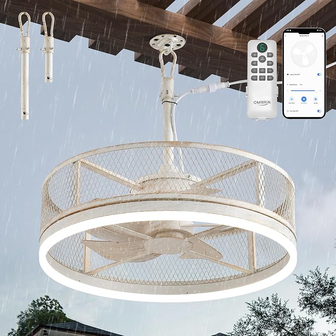 20'' Outdoor Ceiling Fan with Light, IP65 Waterproof Gazebo Hanging Fan, Remote Control, 3CCT, 6-Speed, Plug-in Caged Ceiling Fan for Patio Porch Pergola, Works with Alexa & Google Assistant