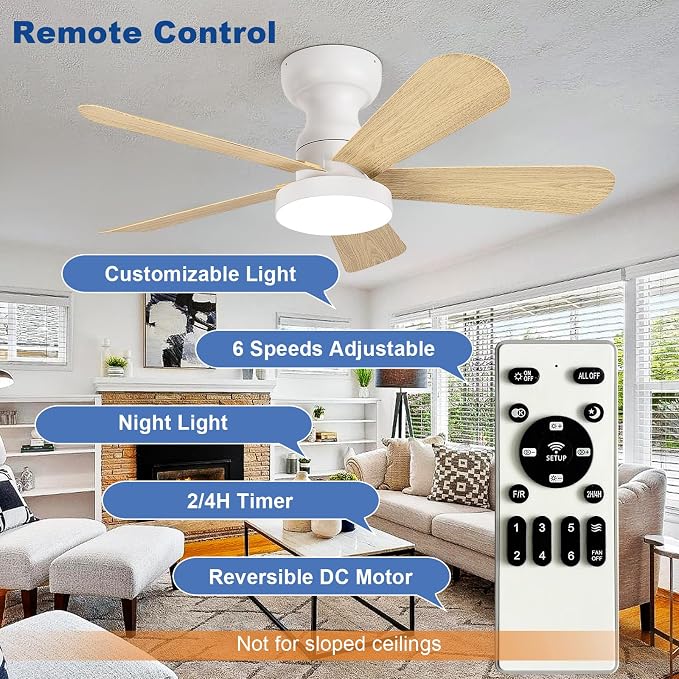 Depuley Small Ceiling Fan with Lights: 35-Inch Flush Mount Fan with Light and Remote - Low Profile Ceiling Fans Reversible Quiet DC Motor for Bedroom Living Room Indoor Outdoor, Wood Color