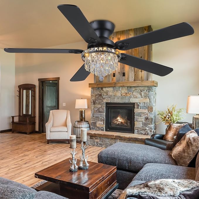 GJeg Crystal Ceiling Fan Fandelier with Lights-Ceiling Fans with Remote Control,Modern Ceiling Fan with Noiseless DC Reversible Motor,Dining Room,Living Room(52" Black)