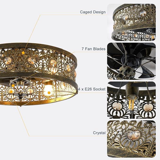 Garwarm 20" Caged Ceiling Fans with Lights,Vintage Victorian Rustic Crystal Fandelier,Low Profile Flush Mount Enclosed Bladeless Ceiling Fan with Light and Remote for Bedroom,Kitchen,Dining Room