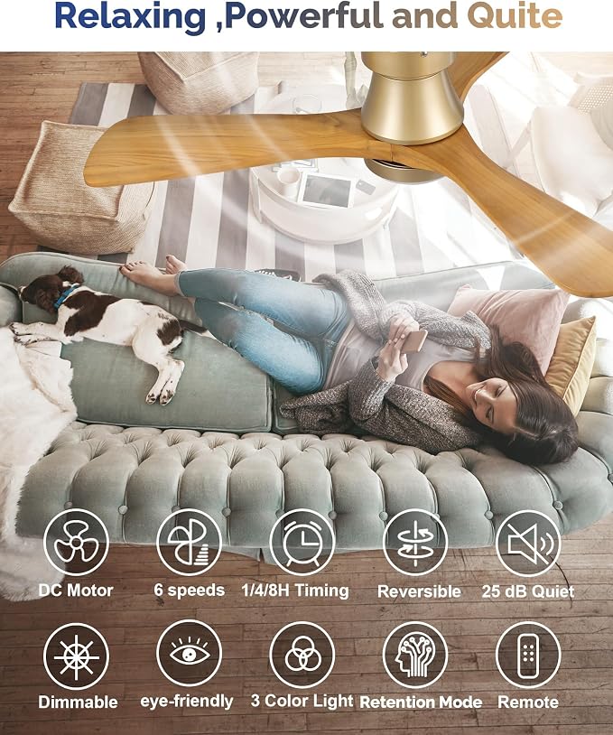 42 Inch Gold Ceiling Fan with Lights, Remote Control, Flush Mount, Dimmable, Reversible, Wood Blades, Power-Off Memory, Quiet DC Motor, Modern Hugger Ceiling Fan for Indoor Outdoor Gold