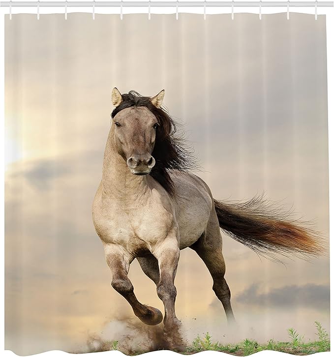 Ambesonne Horses Shower Curtain, Wild Young Stallion Horse Running at Sunset Male Power Muscular Physique Nobility Photo, Cloth Fabric Bathroom Decor Set with Hooks, 69" W x 70" L, Beige