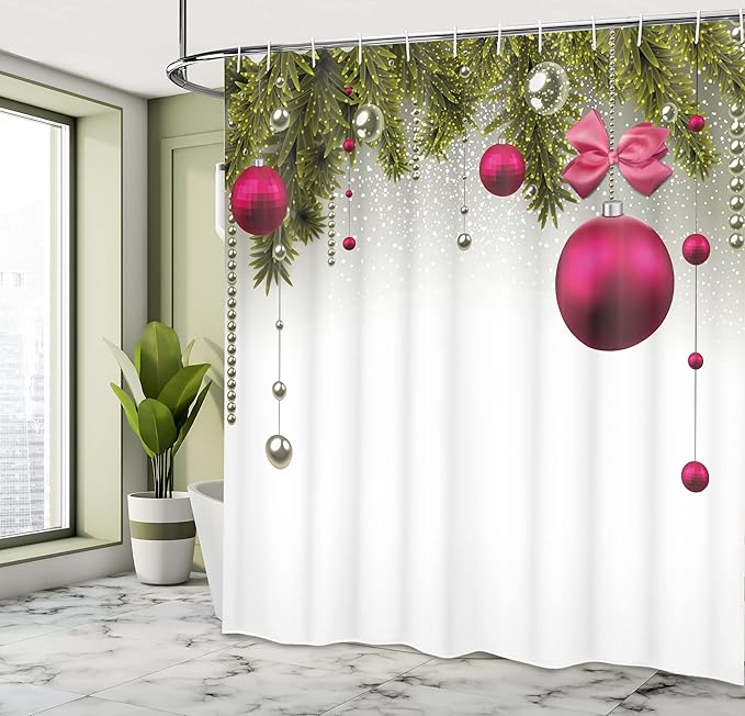 Ambesonne Christmas Shower Curtain, Vivid Fir Twigs and Magenta Balls Framework Special Day Preparation, Cloth Fabric Bathroom Decor Set with Hooks, 69" W x 70" L, Magenta Olive Green Grey