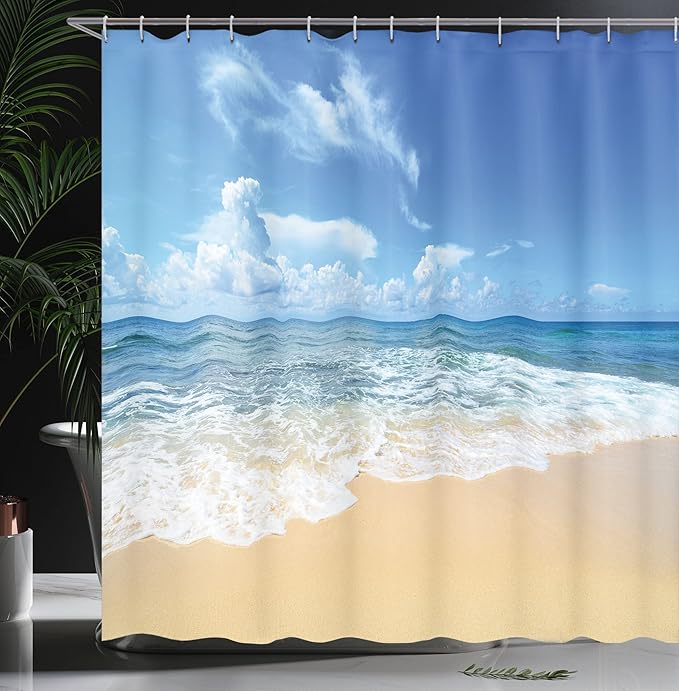 Ambesonne Ocean Shower Curtain, Waves and Paradise Beach with Sky Sun Endless Summer Sea Coast View Tropic Print, Cloth Fabric Bathroom Decor Set with Hooks, 69" W X 70" L, Cream Blue