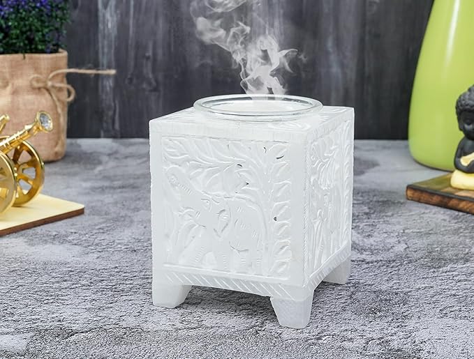 Crocon Marble Bakhoor Burner Incense Burner for Fragrance & Healing Square Charcoal Bakhoor Burner Handmade White Marble & Glass Bakhoor for Home & Living Room Office Decor Size: 2.9X2.9X3.5 Inch