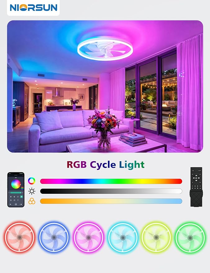 NIORSUN RGB Ceiling Fans with Lights and Remote, Modern Smart LED Ceiling Fans Light, 6 Speeds & 3000K-6500K Dimmable, Quiet Bladeless Fandelier Ceiling Fan with Light for Bedroom(20Inch,White)