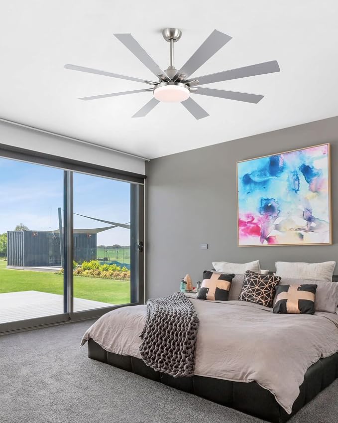 POCHFAN 62 Inch Ceiling Fans with Lights,Large Modern Ceiling fan with Remote and 8 Wooden Blades,Dimmable,6 Speeds,Noiseless Reversible Indoor&Outdoor Fan for Bedroom,Patio,Living Room