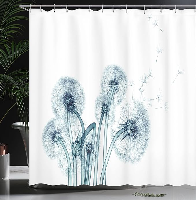 Ambesonne Flower Shower Curtain, Unusual Image of Dandelions on Simple Background Uv Style Negative of Nature Art, Cloth Fabric Bathroom Decor Set with Hooks, 69" W x 75" L, Cream Teal