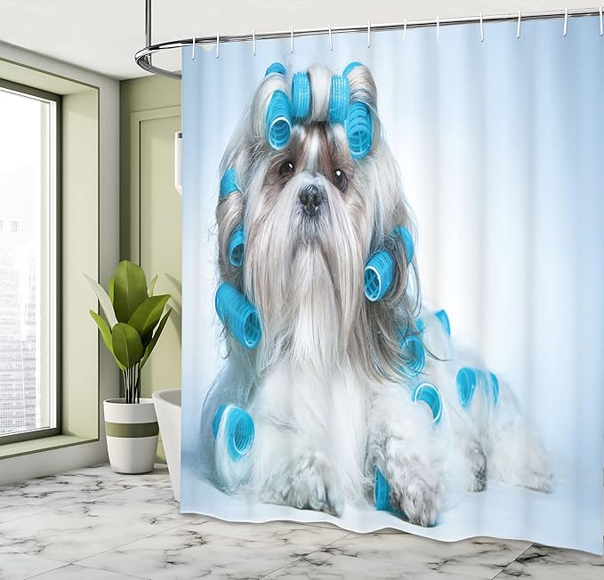 Ambesonne Dog Lover Shower Curtain, Shih Tzu Dog Grooming Hairstyle Salon Front View Closeup Studio Shot, Cloth Fabric Bathroom Decor Set with Hooks, 69" W x 75" L, Pale Blue