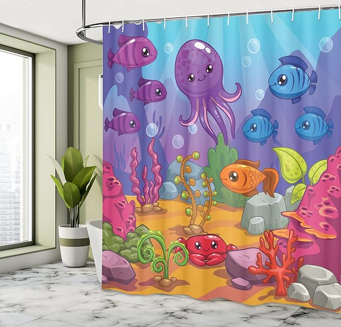 Ambesonne Whale Shower Curtain, Underwater World Aquarium Cartoon Octopus Reef Seaweed Stones Bubbles Illustration, Cloth Fabric Bathroom Decor Set with Hooks, 69" W x 70" L, Purple Blue