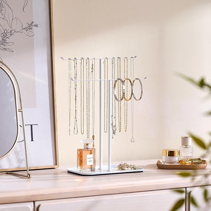 pickpiff Necklace Holder Jewelry Organizer Stand – 2‑Tier T‑Bar Jewelry Display Tree with Tray for Countertop Necklace Bracelet Earring Storage, Vanity Dresser Bathroom Sink, White