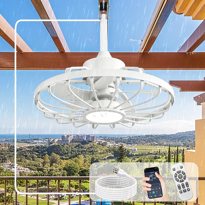 Depuley Outdoor Ceiling Fan with Light: 20 Inch Outdoor Gazebo Hanging Fans with Remote App - Waterproof Plug in Caged Ceiling Fan for Patio Porch Canopy Pergola white