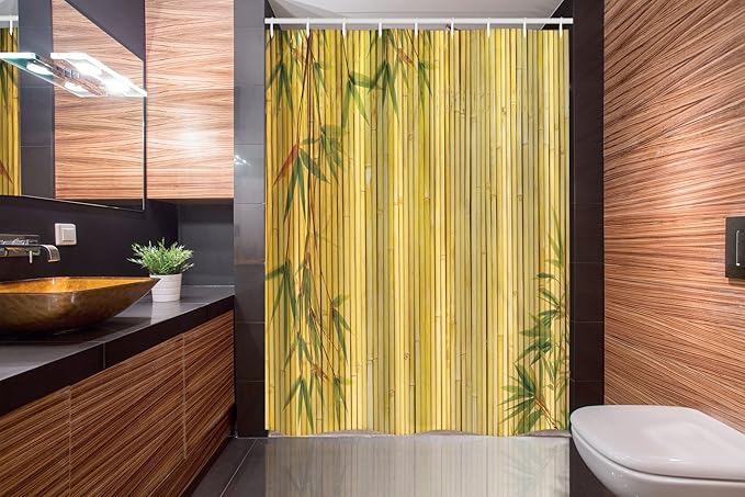 Ambesonne Asian Themed Stall Shower Curtain, Yellow Colored Woodland Background Tree Branches Exotic Scene Peaceful Art, Fabric Bathroom Decor Set with Hooks, 54" W x 78" L, Green
