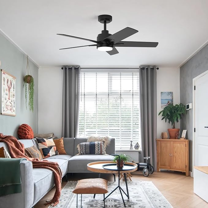 52 Inch Black Ceiling Fan with Light and Remote Control,Dimmable 3 Color Temperatures LED Ceiling Fan,6 Speeds Reversible DC Motor,5 Blades Modern Ceiling Fans for Indoor or Covered Outdoor