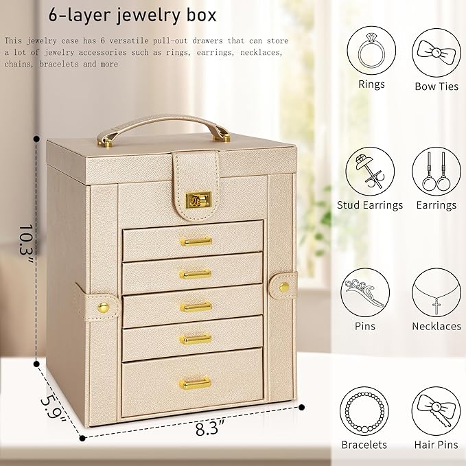 AKOZLIN 6-Tier Jewelry Box Organizer Functional 5 Drawers Leather Jewelry Storage Case for Women Girls Ring Necklace Earring Bracelet Holder Organizer with Mirror Champagne Regular