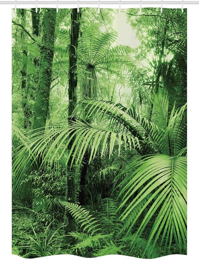 Ambesonne Rainforest Stall Shower Curtain, Palm Trees and Exotic Plants in Tropical Jungle Wild Nature Theme Illustration, Fabric Bathroom Decor Set with Hooks, 54" W X 78" L, Green Forest